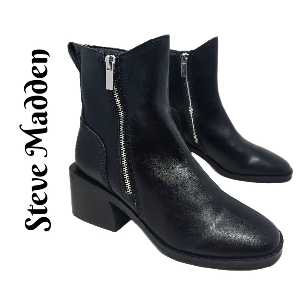Steve Madden Ruthy Ankle Boots Sz 7.5M Black Leather Oversized Heel Double Zip